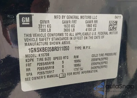 2011 Chevrolet Tahoe Lt z USA, uszkodzony, nr VIN 1GNSKBE05BR311050